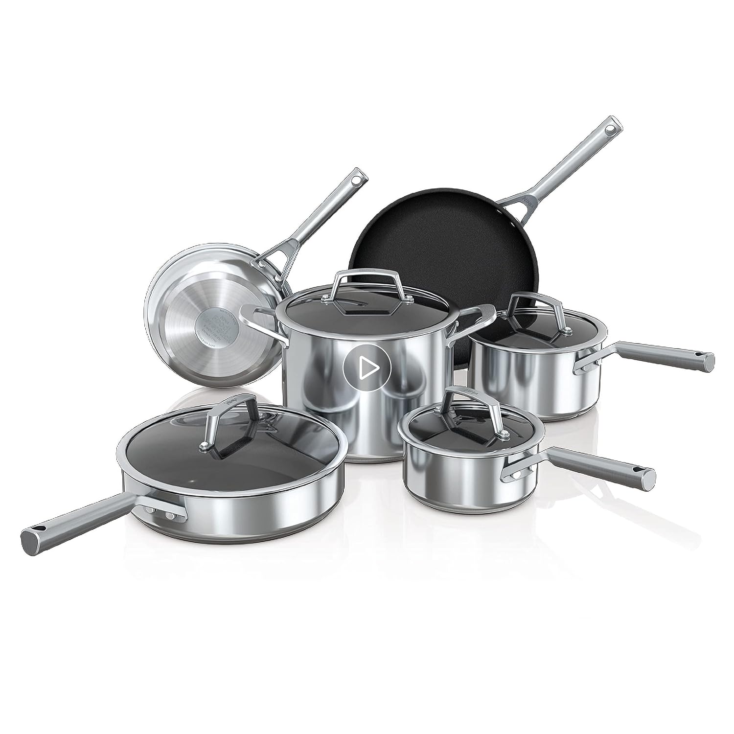31SGCJxKE0S._SL1500_.jpg Ninja C69500 Foodi NeverStick Stainless 10-Piece Cookware Set with Glass Lids, Polished Stainless-Steel Exterior, Nonstick, Durable & Oven Safe to 500°F, Silver - Image 1