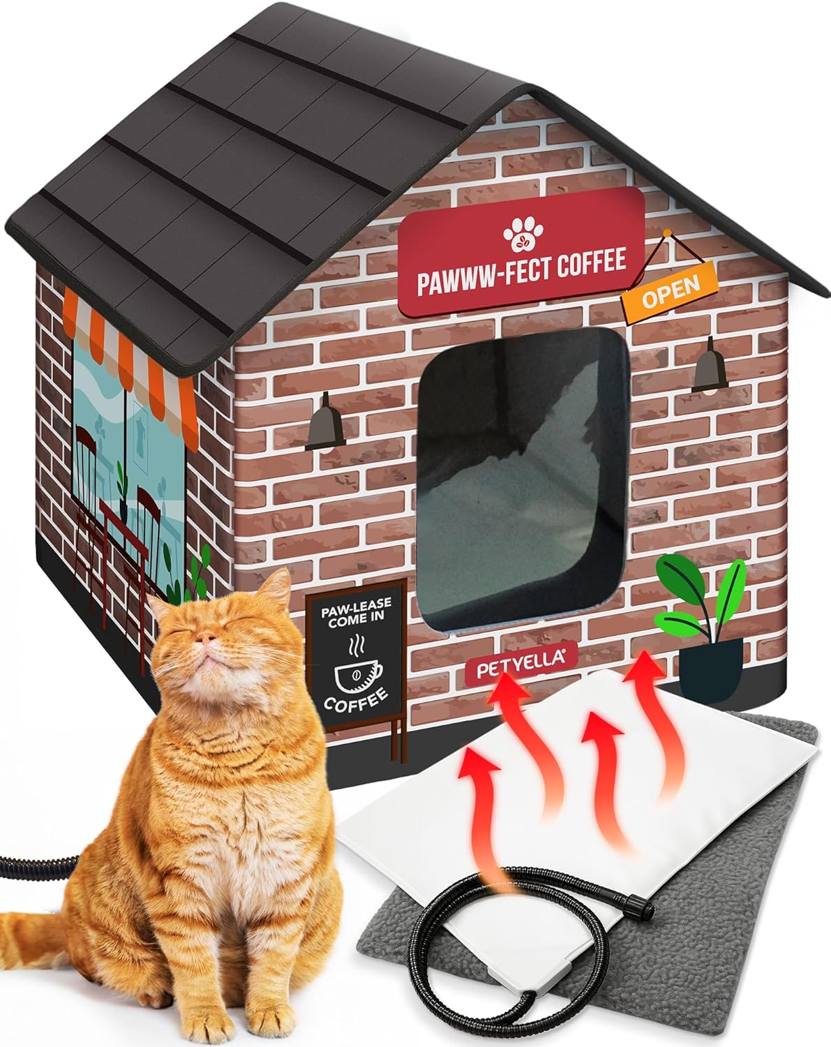 51eRo90px4L._SL1500_.jpg Deluxe Heated Cat House for Winter - Weatherproof, Insulated, Easy Assembly, Cat Heating Pad, Dual Escape Doors, Outdoor & Indoor Cat House - Coffee Pethouse - Image 1