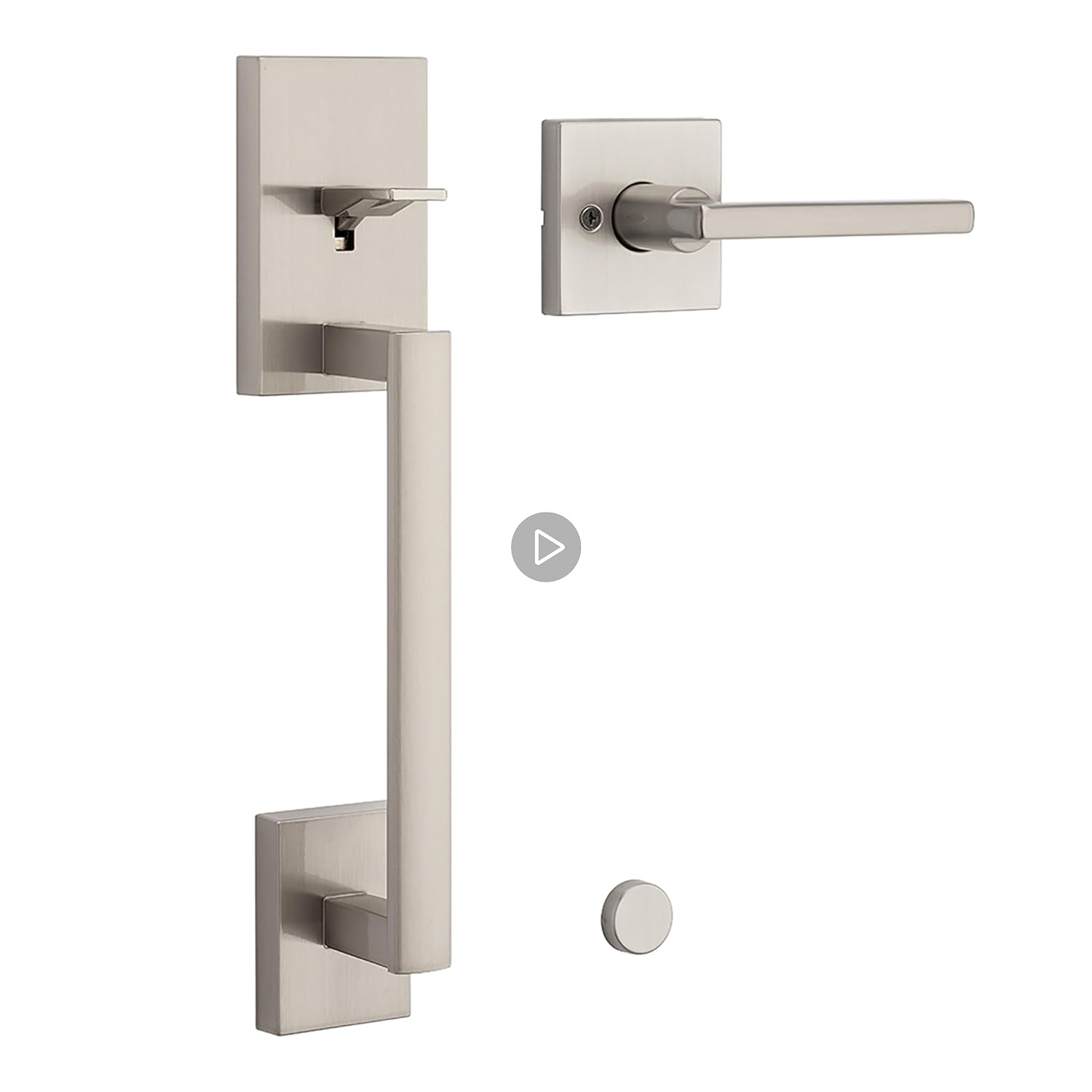 51o5vSnUR0L.SS125_PKplay-button-mb-image-grid-small_.jpg Kwikset San Clemente Front Door Handle No Lock, Entry Handleset Exterior with Interior Reversible Handed Lever, Non-Locking, Satin Nickel, Deadbolt Not Included, with Microban Protection - Image 1